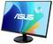 'Ein ASUS-Monitor mit einem modernen, schlanken Design. Der Bildschirm zeigt ein grafisches Hintergrundbild in Blau- und Grüntönen.'