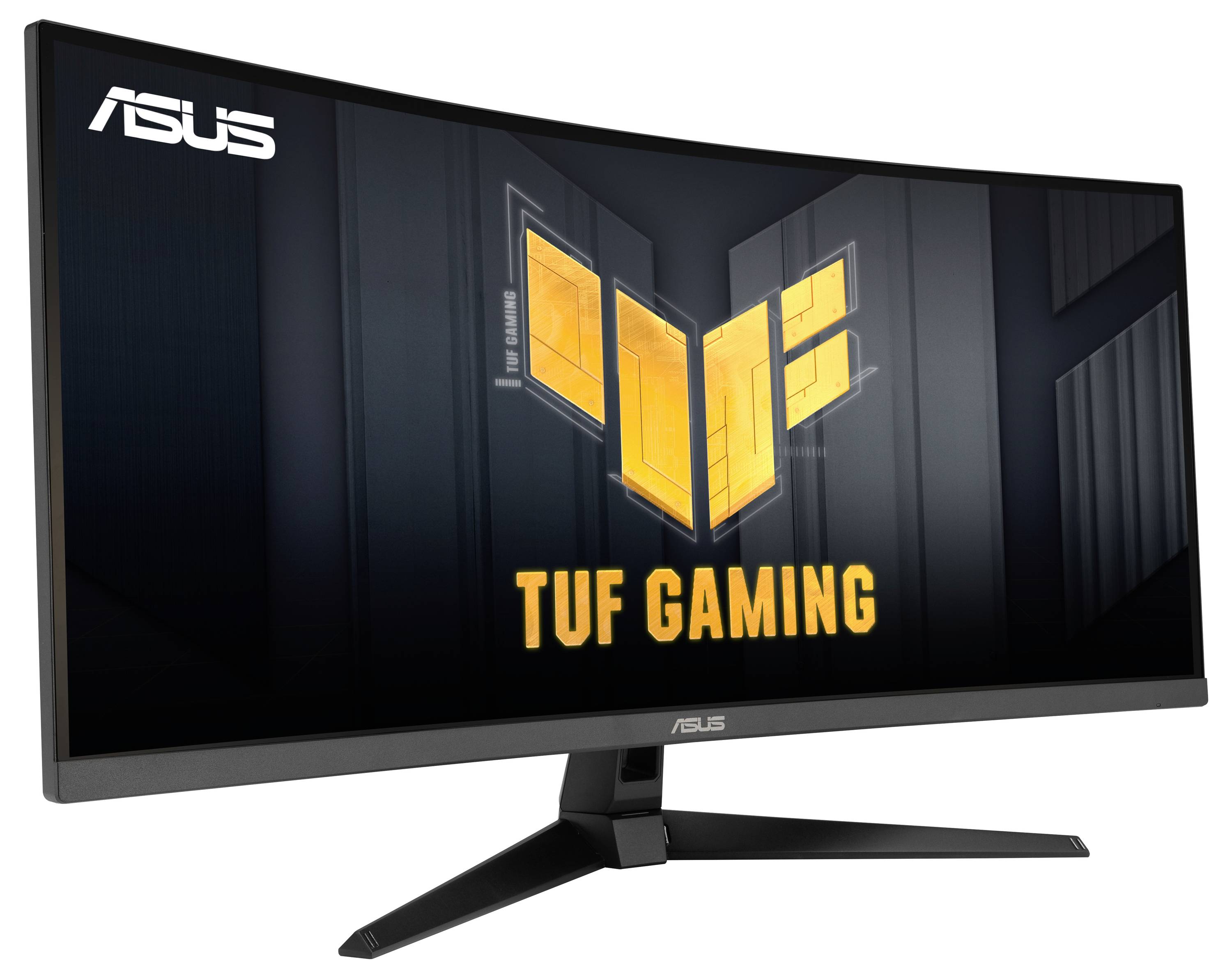 Ein ASUS TUF Gaming-Monitor mit gebogenem Bildschirm. Logo und 'TUF Gaming'-Schriftzug auf dem Display sichtbar.