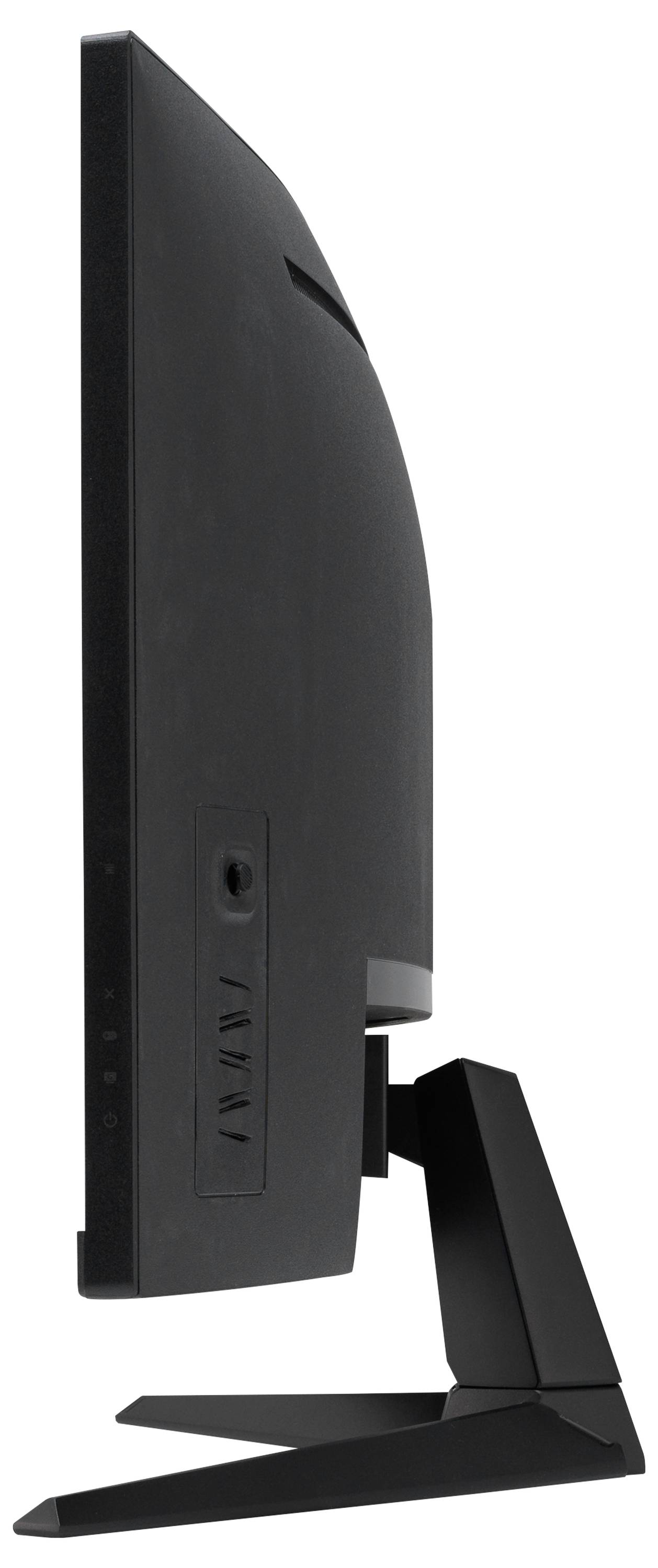 Ein seitlicher Blick auf einen schwarzen Computermonitor mit ergonomischem Standfuß, zeigt schlankes Design und Anschlüsse.