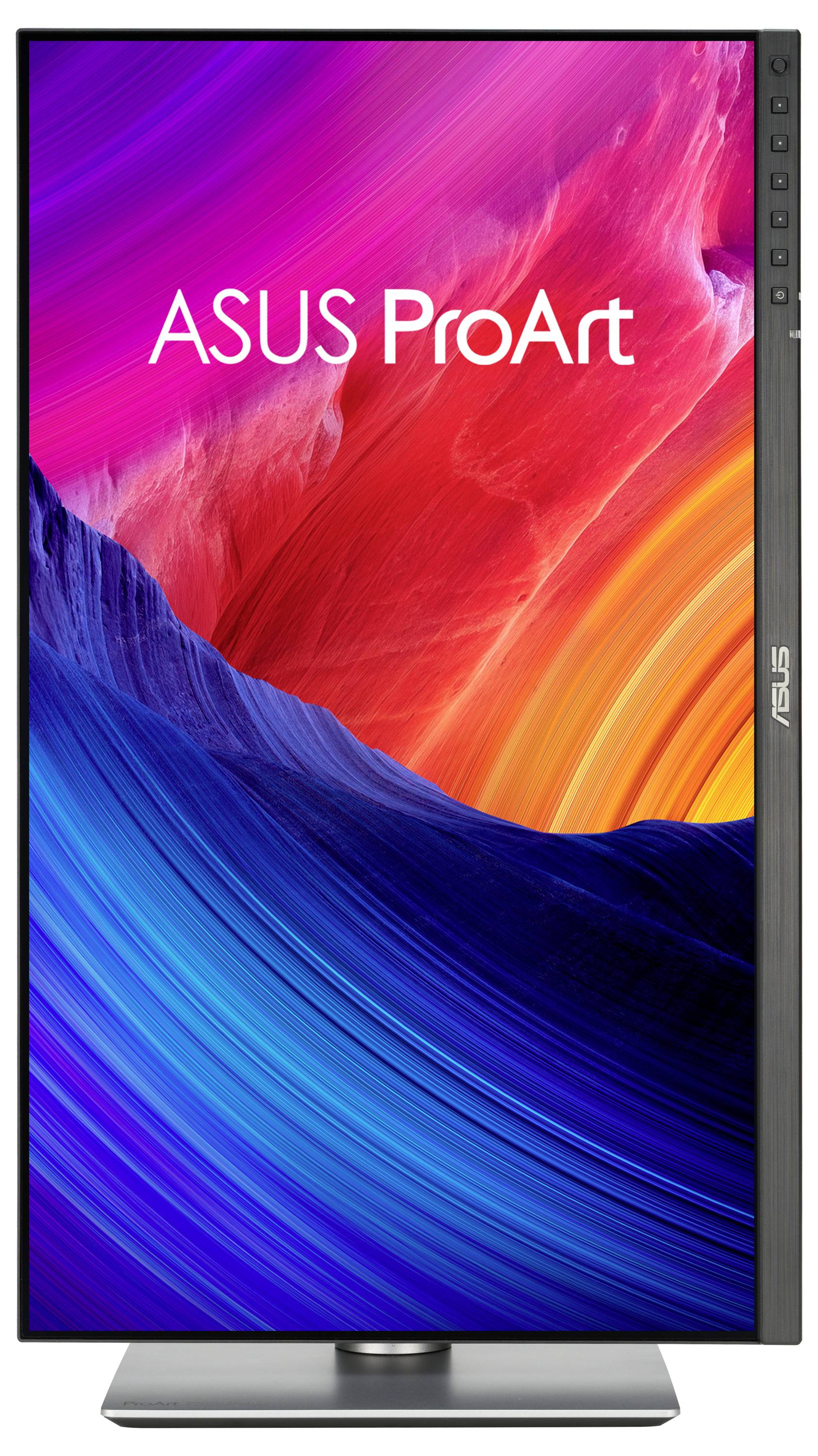 Ein ASUS ProArt Monitor zeigt ein buntes, wellenförmiges Farbdisplay mit den Farben Rot, Pink, Blau und Orange.