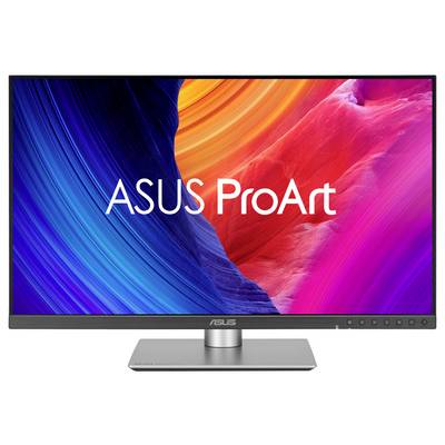 Ein ASUS ProArt Monitor mit leuchtendem Display in Blau, Orange und Pink. Geeignet für kreative Arbeiten mit hoher Farbwiedergabe.
