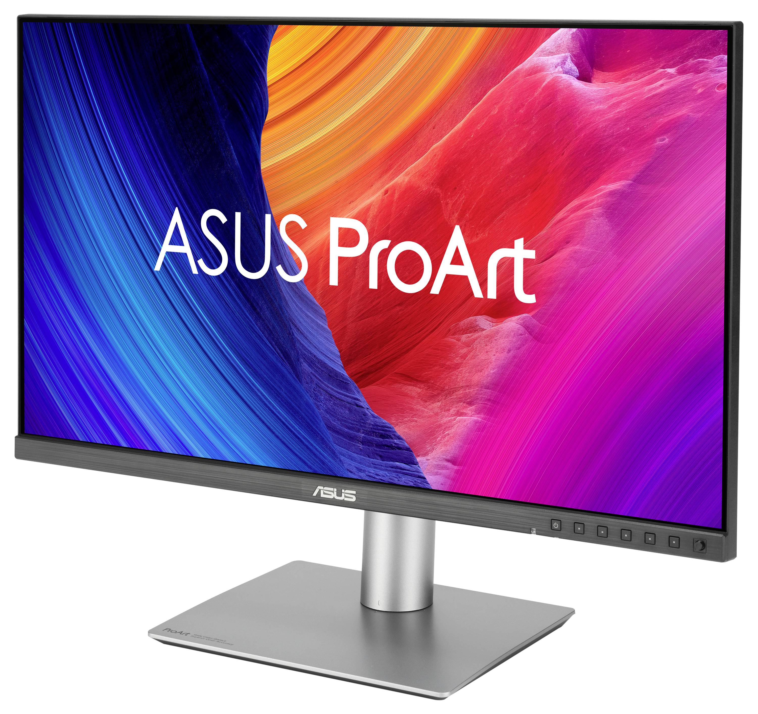 Ein ASUS ProArt Monitor mit leuchtendem Farbdisplay zeigt einen farbenfrohen Hintergrund in Blau- und Rottönen.
