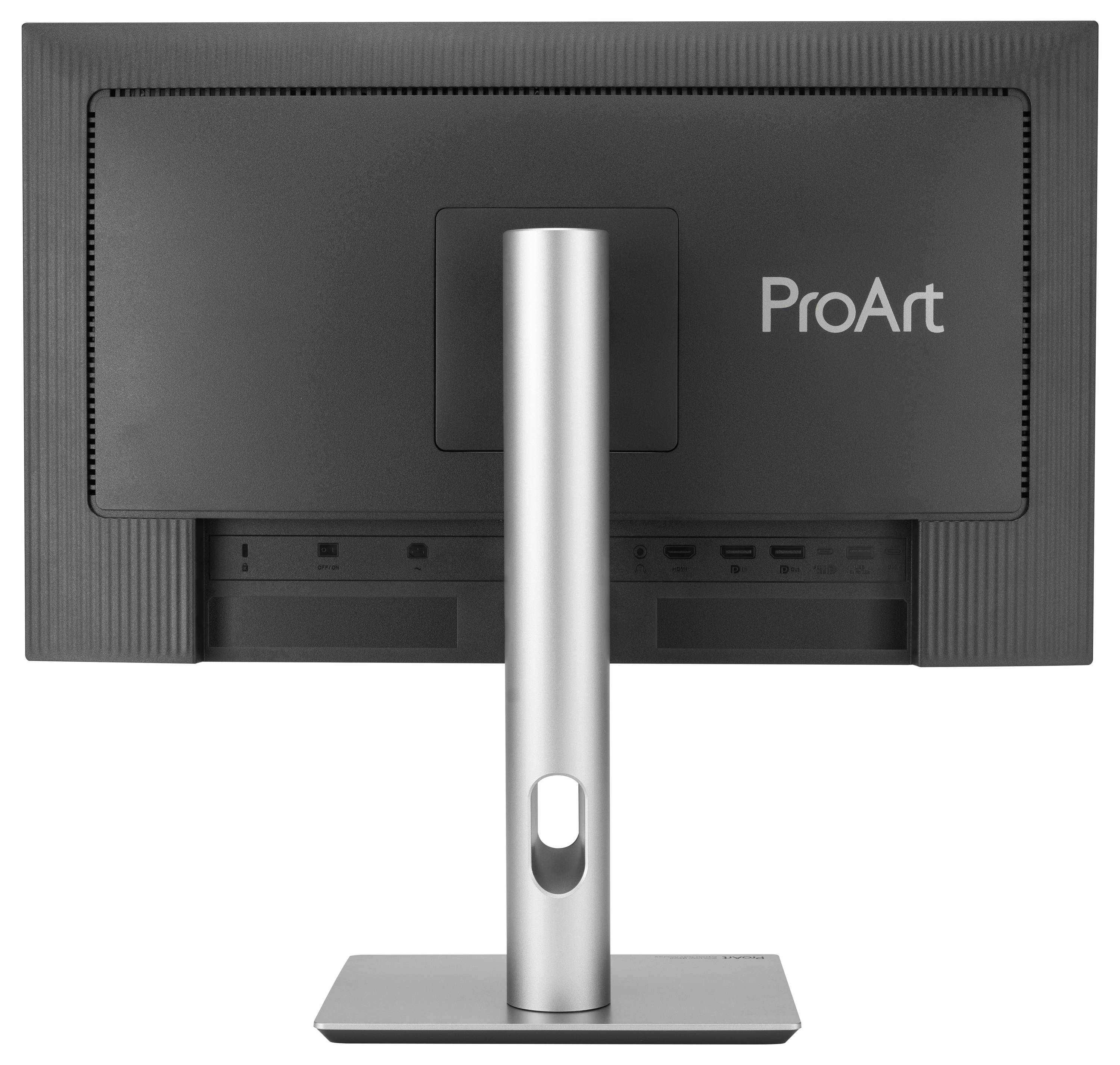 Rückseite eines Computermonitors mit der Aufschrift 'ProArt'. Der Monitor steht auf einem silbernen Standfuß.