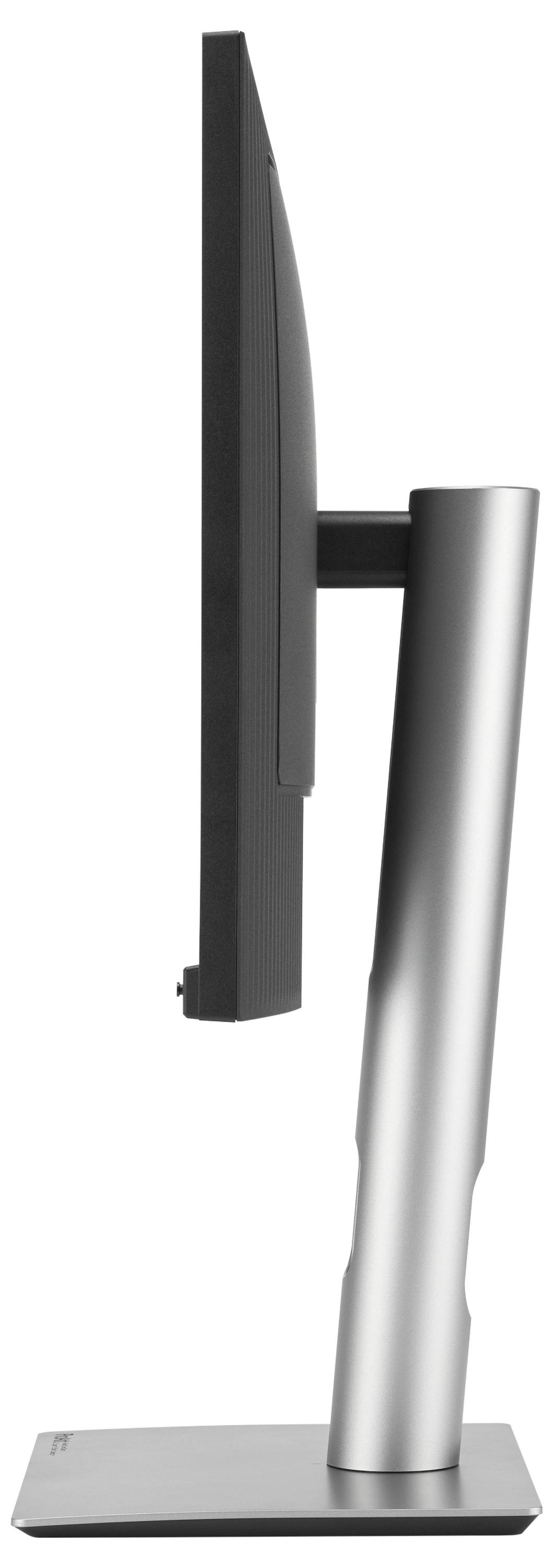 Seitenansicht eines flachen Computermonitors mit einem schlanken, silbernen Standfuß auf einem rechteckigen Sockel.