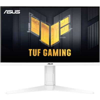 Ein Monitor der Marke ASUS, Modell TUF Gaming, mit leuchtendem orangem Logo auf schwarzem Hintergrund. Hochwertiges Gaming-Display.