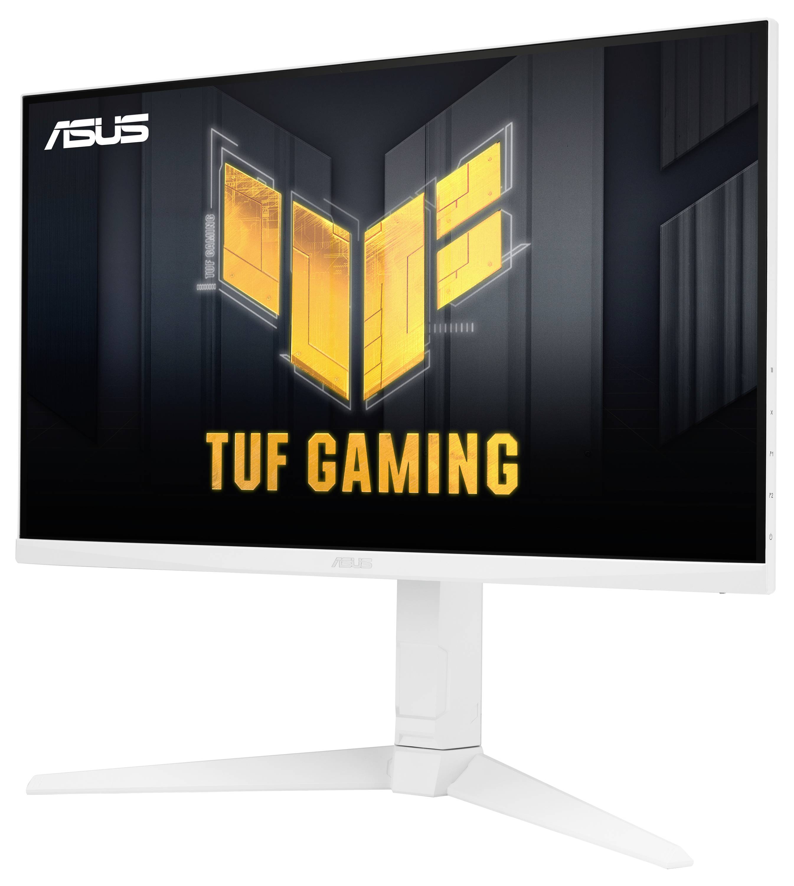 Gaming-Monitor mit großem 'TUF Gaming'-Logo auf dunkel gehaltenem Bildschirm, umgeben von einem schlanken, weißen Rahmen.