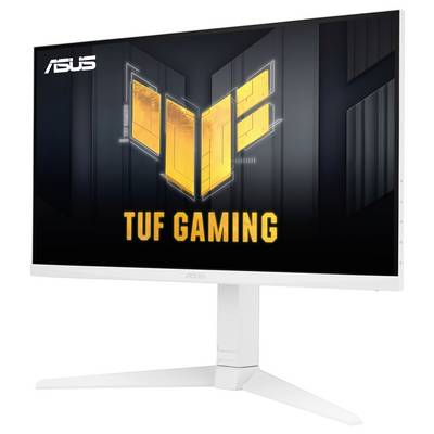 Gaming-Monitor mit großem 'TUF Gaming'-Logo auf dunkel gehaltenem Bildschirm, umgeben von einem schlanken, weißen Rahmen.