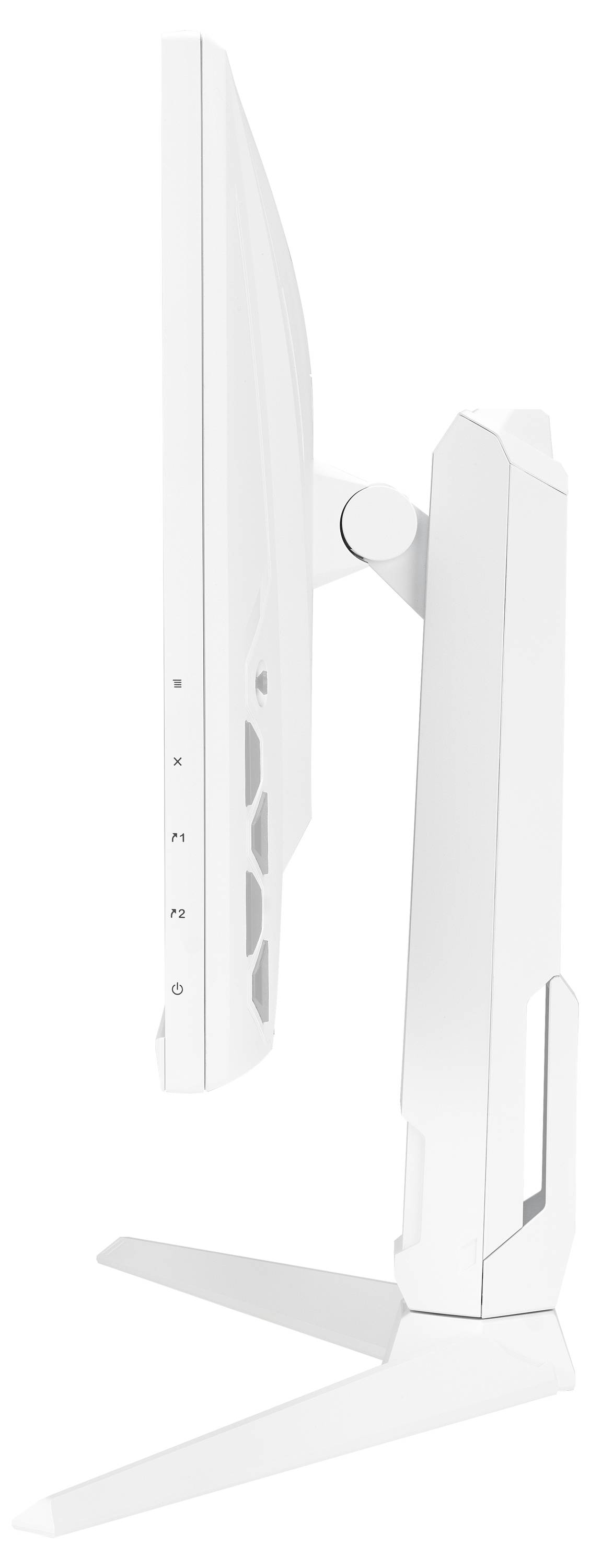 Seitenansicht eines weißen Computerbildschirms mit stabilem Standfuß und Neigungsmechanismus.