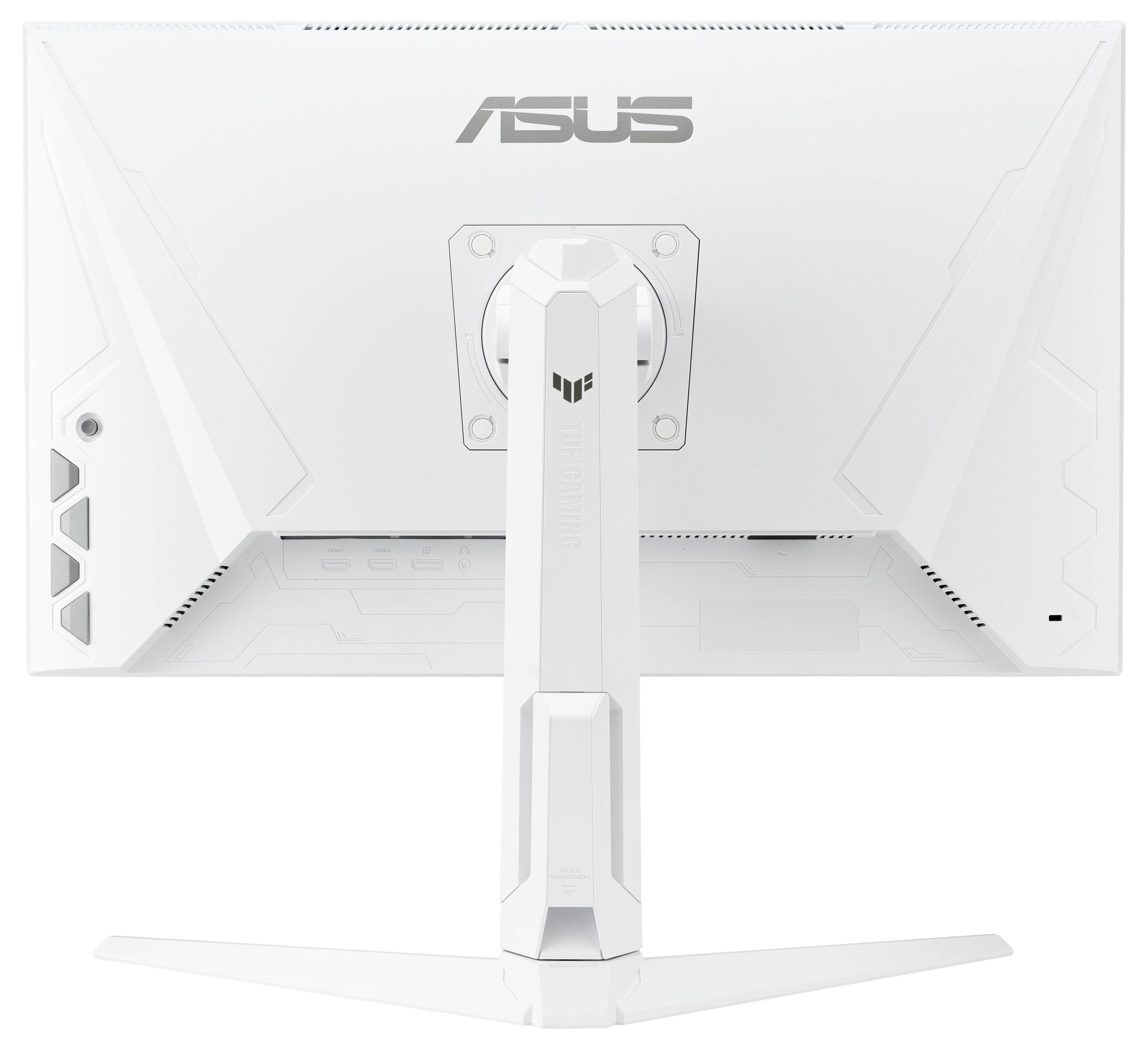 Ein weißer ASUS-Monitor von hinten, auf einem Ständer montiert, mit modernen, kantigen Designelementen auf der Rückseite.