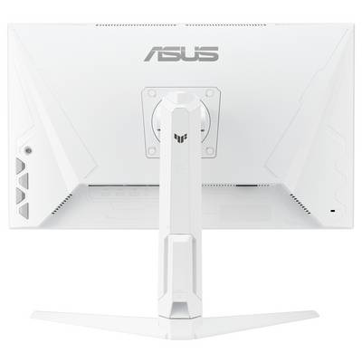 Ein weißer ASUS-Monitor von hinten, auf einem Ständer montiert, mit modernen, kantigen Designelementen auf der Rückseite.