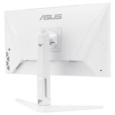 Rückansicht eines weißen Asus Computerbildschirms auf einem modernen, eckigen Standfuß.