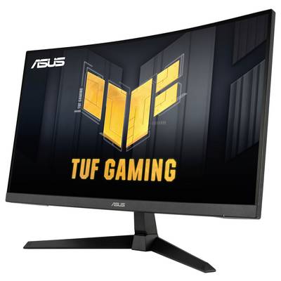 Ein gebogener ASUS TUF Gaming-Monitor mit einem stehenden Standfuß. Auf dem Bildschirm ist das TUF Gaming-Logo zu sehen.