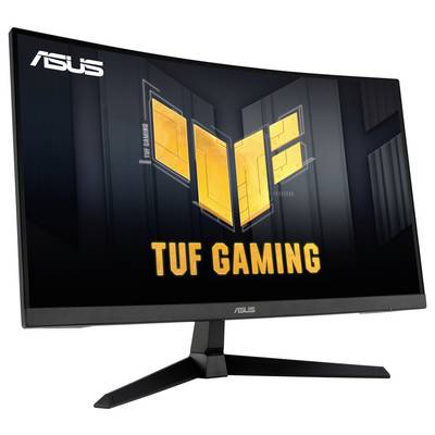Curved ASUS Monitor mit 'TUF Gaming' Logo auf dem Bildschirm.