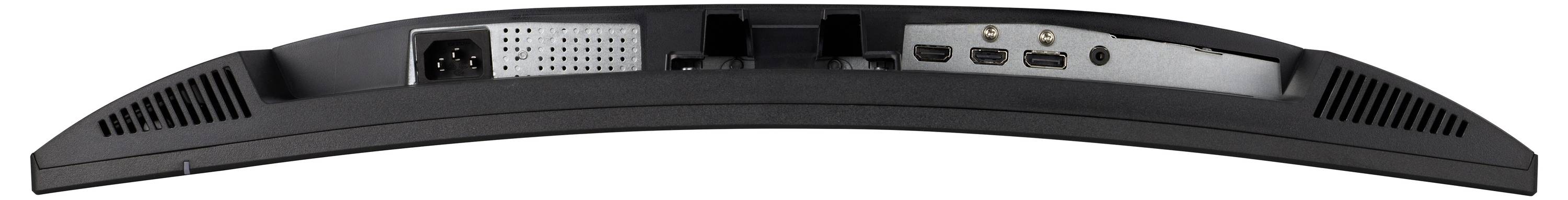 Rückansicht eines Computer-Monitors mit verschiedenen Anschlüssen: Stromanschluss, zwei HDMI-Ports, ein DisplayPort und USB-Anschlüsse.