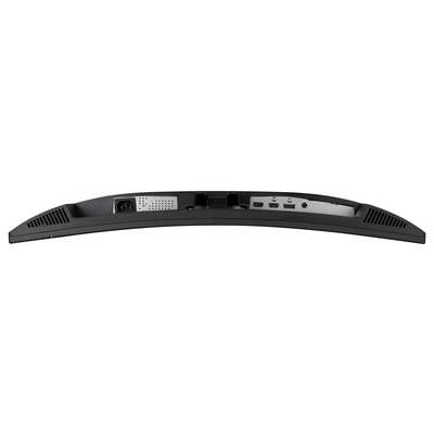Rückansicht eines Computer-Monitors mit verschiedenen Anschlüssen: Stromanschluss, zwei HDMI-Ports, ein DisplayPort und USB-Anschlüsse.