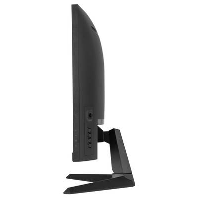 Seitliche Ansicht eines schwarzen Computermonitors auf einem Standfuß.