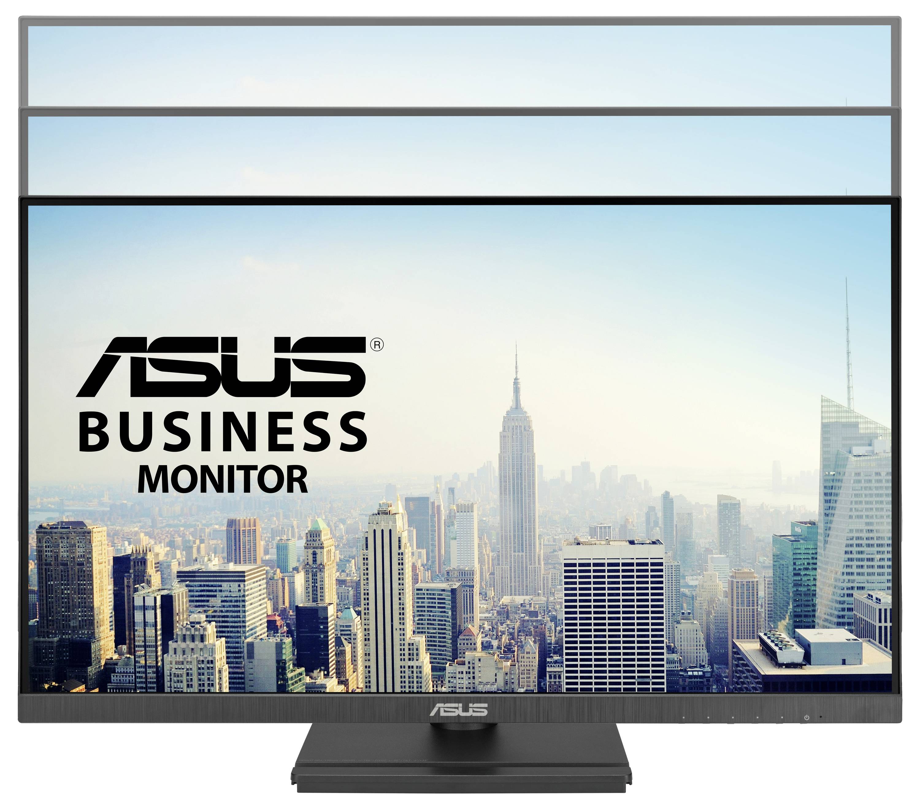 Ein Monitor mit der Aufschrift 'ASUS Business Monitor', zeigt eine Skyline mit Wolkenkratzern im Hintergrund.