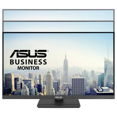 Ein Monitor mit der Aufschrift 'ASUS Business Monitor', zeigt eine Skyline mit Wolkenkratzern im Hintergrund.