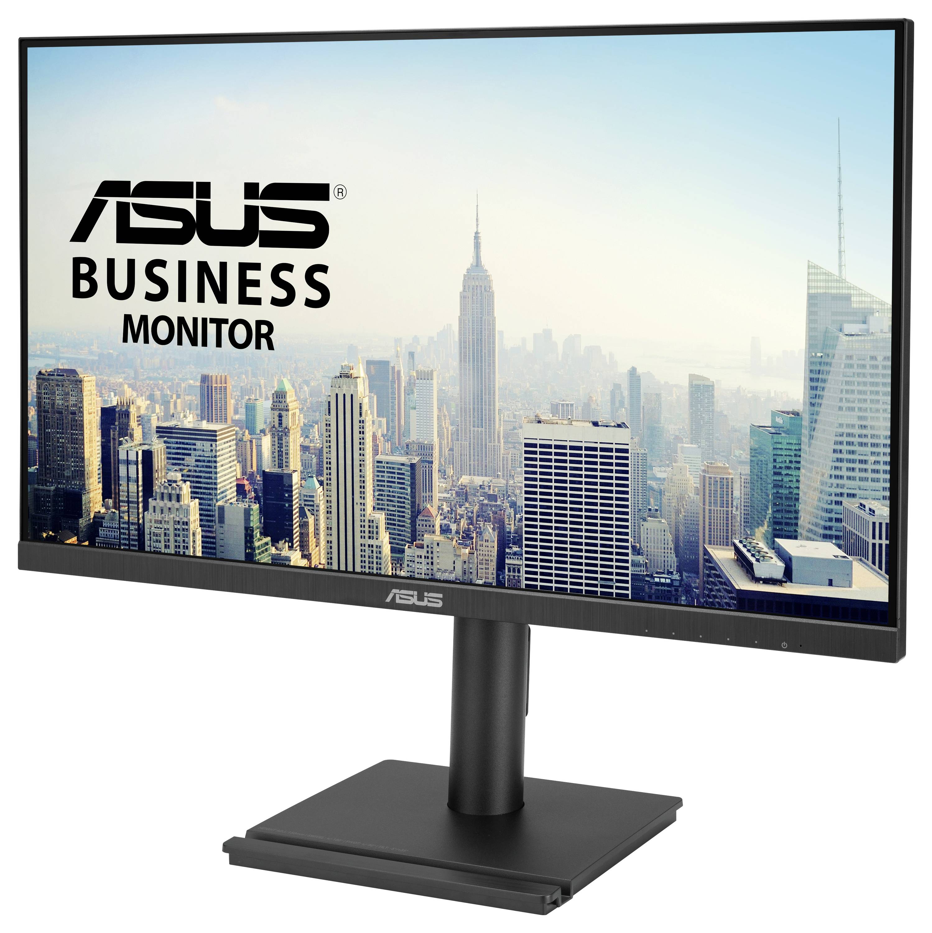 Ein ASUS Business Monitor zeigt eine Skyline mit Wolkenkratzern bei Tageslicht. Auf dem Bildschirm steht 'ASUS Business Monitor'.