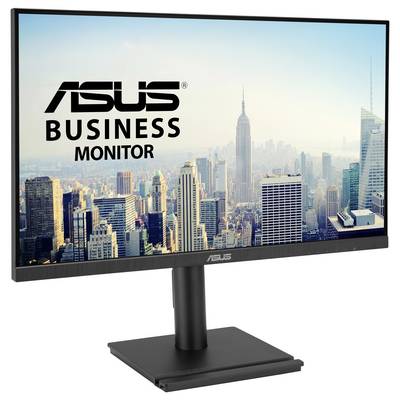 Ein ASUS Business-Monitor zeigt eine klare Skyline einer Stadt mit modernen Hochhäusern, die als Hintergrundbild auf dem Bildschirm dient.