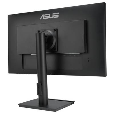 Ein schwarzer Asus-Monitor von hinten, montiert auf einem höhenverstellbaren Standfuß.