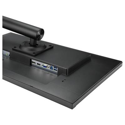 Rückseite eines Monitors mit verschiedenen Anschlüssen: HDMI, USB und Audio. Monitorständer ist ebenfalls sichtbar.