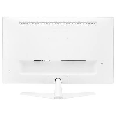 Ein weißer Computermonitor von hinten, mit einem schmalen Standfuß und sichtbaren Lüftungsschlitzen oben.