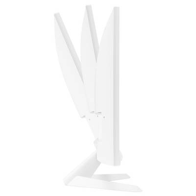 Ein weißer Computermonitor wird von der Seite gezeigt. Der Monitor ist in verschiedenen Neigungswinkeln abgebildet.