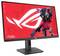 Ein Computermonitor mit einem Rot-Schwarz-Design zeigt ein futuristisches Roboter-Maskottchen und das ROG-Logo auf dem Bildschirm.