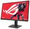 Computermonitor mit einem futuristischen Roboter auf rotem Hintergrund, Werbung für ASUS ROG, zeigt mutiges und innovatives Design.