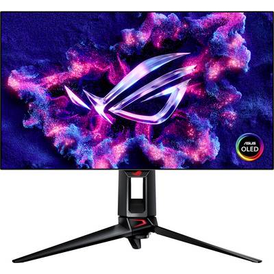 Ein Gaming-Monitor mit leuchtendem ASUS ROG-Logo auf dem Bildschirm vor einem bunten, abstrakten Hintergrund.