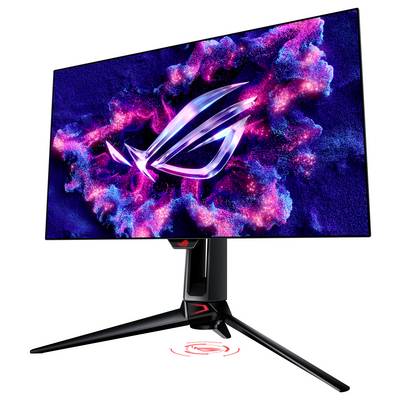Ein Gaming-Monitor mit lebhaftem, futuristischem Logo auf dem Bildschirm und einem robusten, modernen Standfuß.