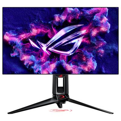 Ein Gaming-Monitor mit dynamischem, leuchtendem ROG-Logo auf dem Bildschirm. Der Hintergrund zeigt bunte, abstrakte Lichteffekte.