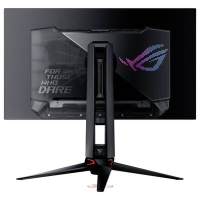 Ein Gaming-Monitor von hinten mit LED-Leuchtlogo und dem Schriftzug 'For Those Who Dare' auf der Rückseite.