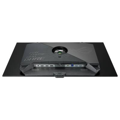 Rückseite eines Monitors mit Anschlüssen. Beschriftung: 'For those who dare'. Sichtbar sind HDMI- und USB-Ports.