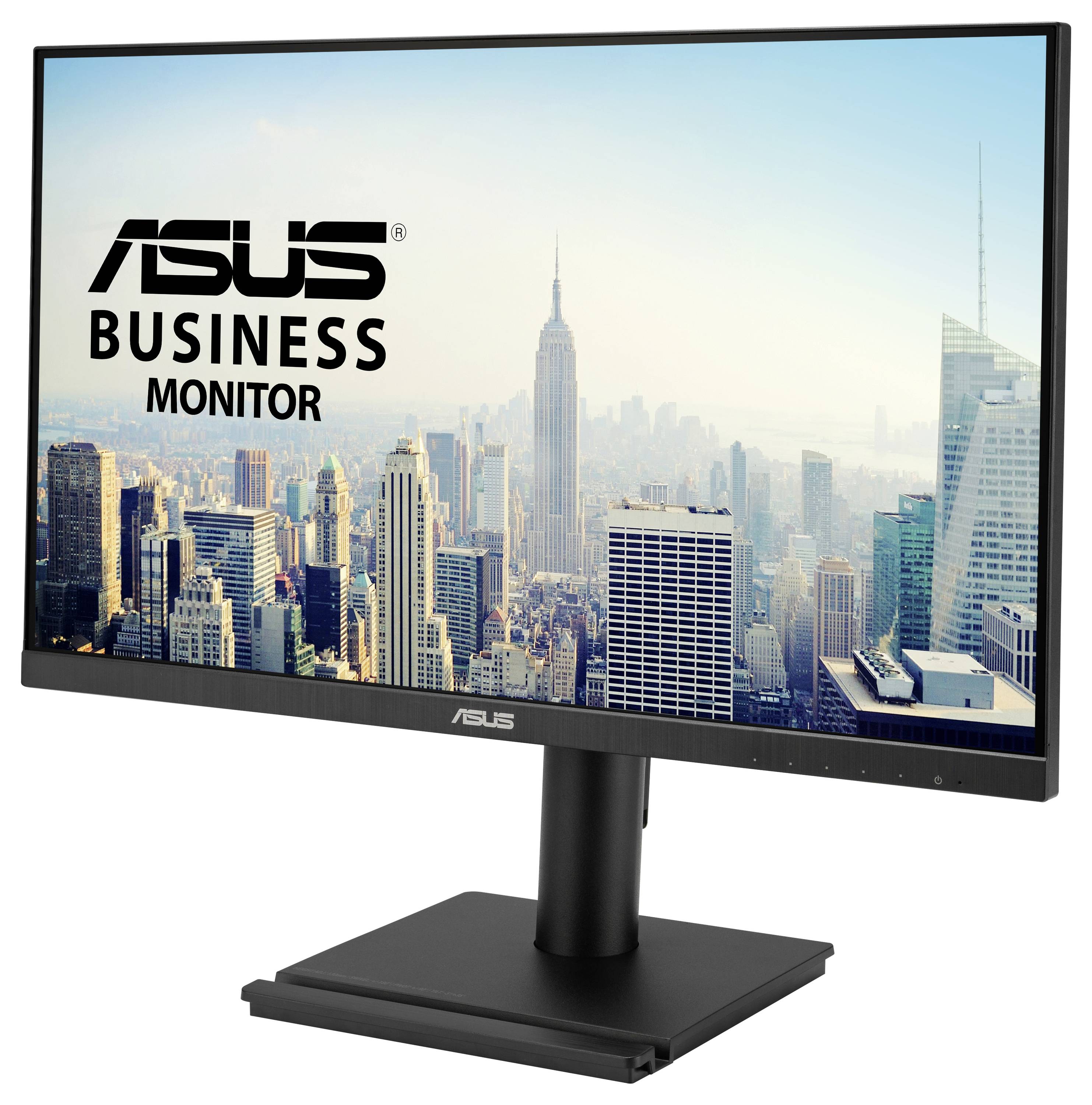 Monitor mit der Aufschrift 'ASUS Business Monitor'. Im Hintergrund ist eine Skyline mit Wolkenkratzern bei Tageslicht zu sehen.