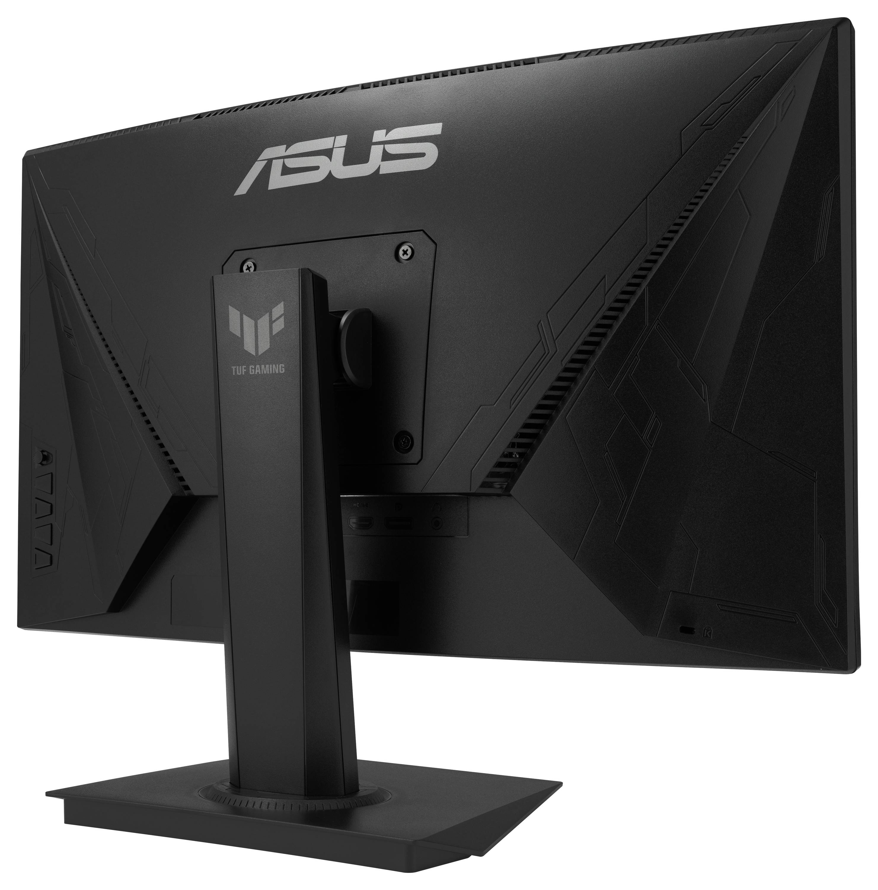 'Rückansicht eines ASUS Monitors auf einem Standfuß, mit Markenlogo oben und Hinweis auf Gaming-Spezifikation auf der Halterung.'