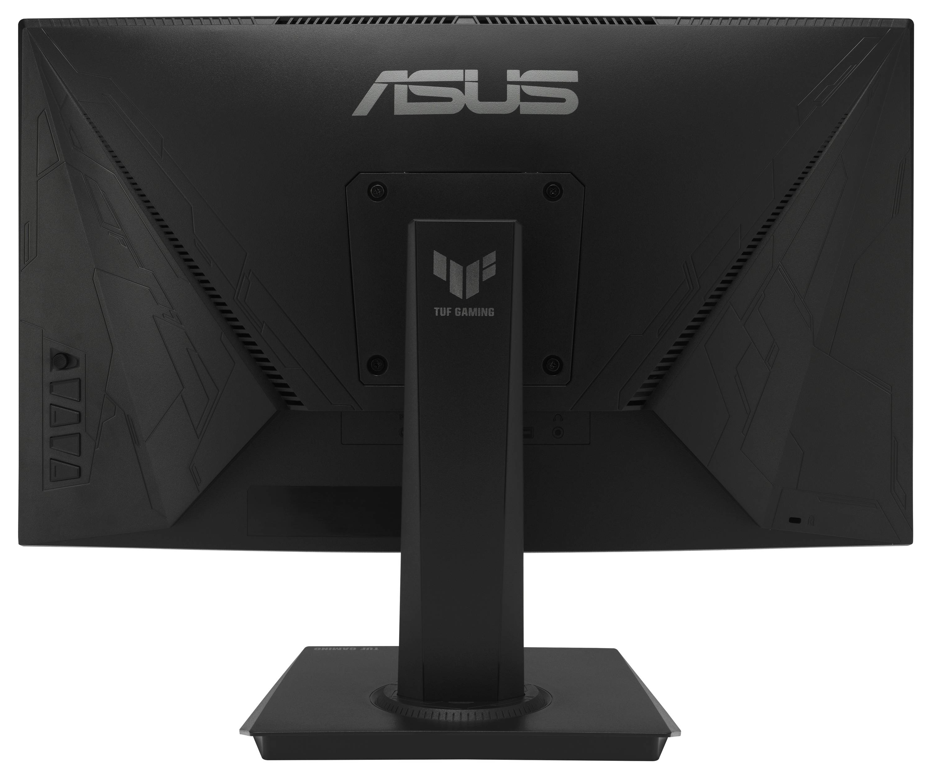 Ein schwarzer Computerbildschirm von hinten, Marke ASUS, mit mittigem Standfuß und leicht erkennbaren Marke- und Modellkennzeichnungen.