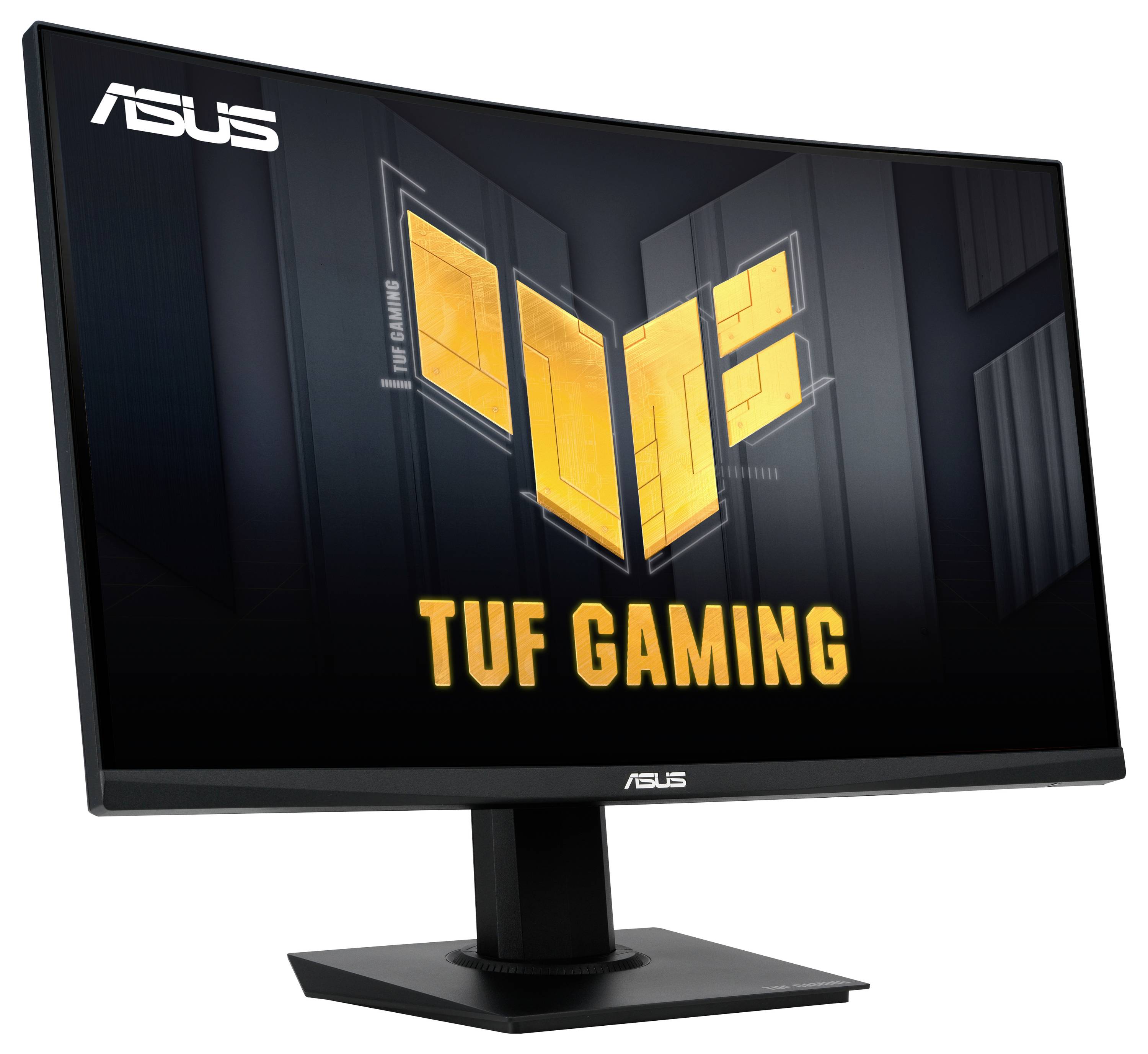Ein ASUS TUF Gaming Monitor mit gebogenem Bildschirm und leuchtendem Logo auf dem Display. Geeignet für intensives Gaming.