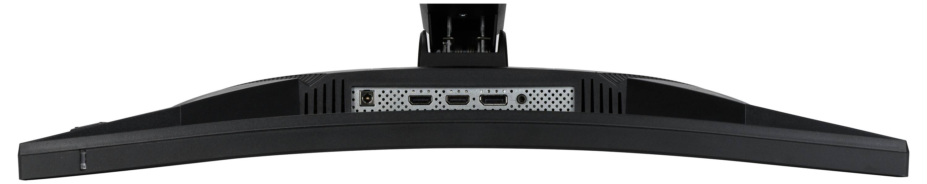 Rückseite eines Computerbildschirms mit mehreren Anschlussarten: USB, HDMI und DisplayPort. Basishalterung oben sichtbar.