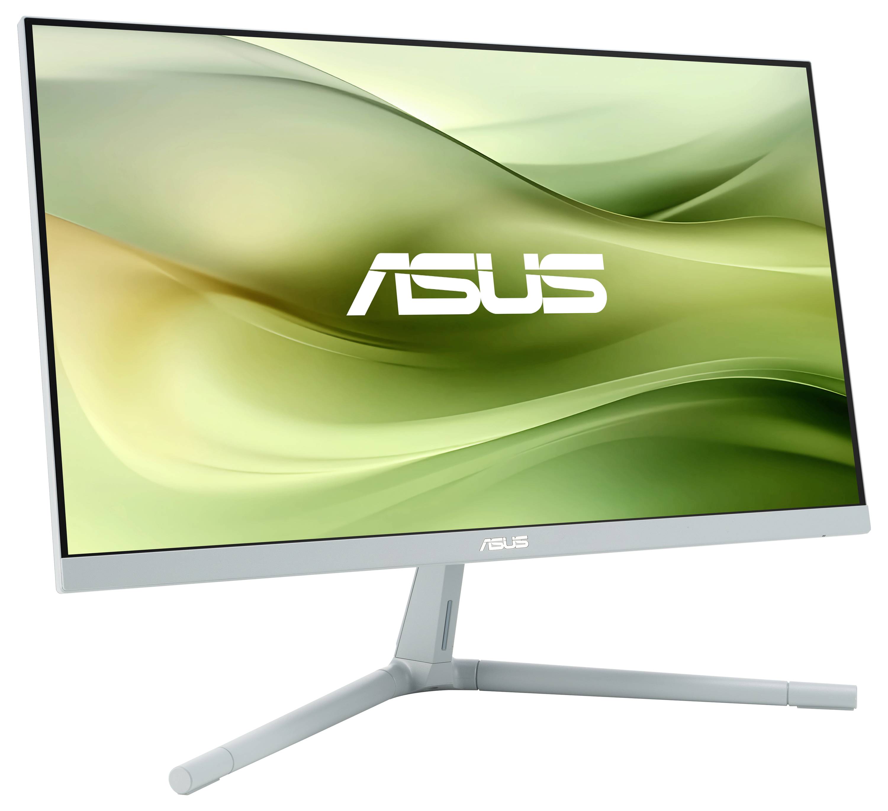 Ein Asus-Monitor mit einem modernen, schlanken Design und einem Bildschirm, der weiche, grüne Wellen im Hintergrund zeigt.