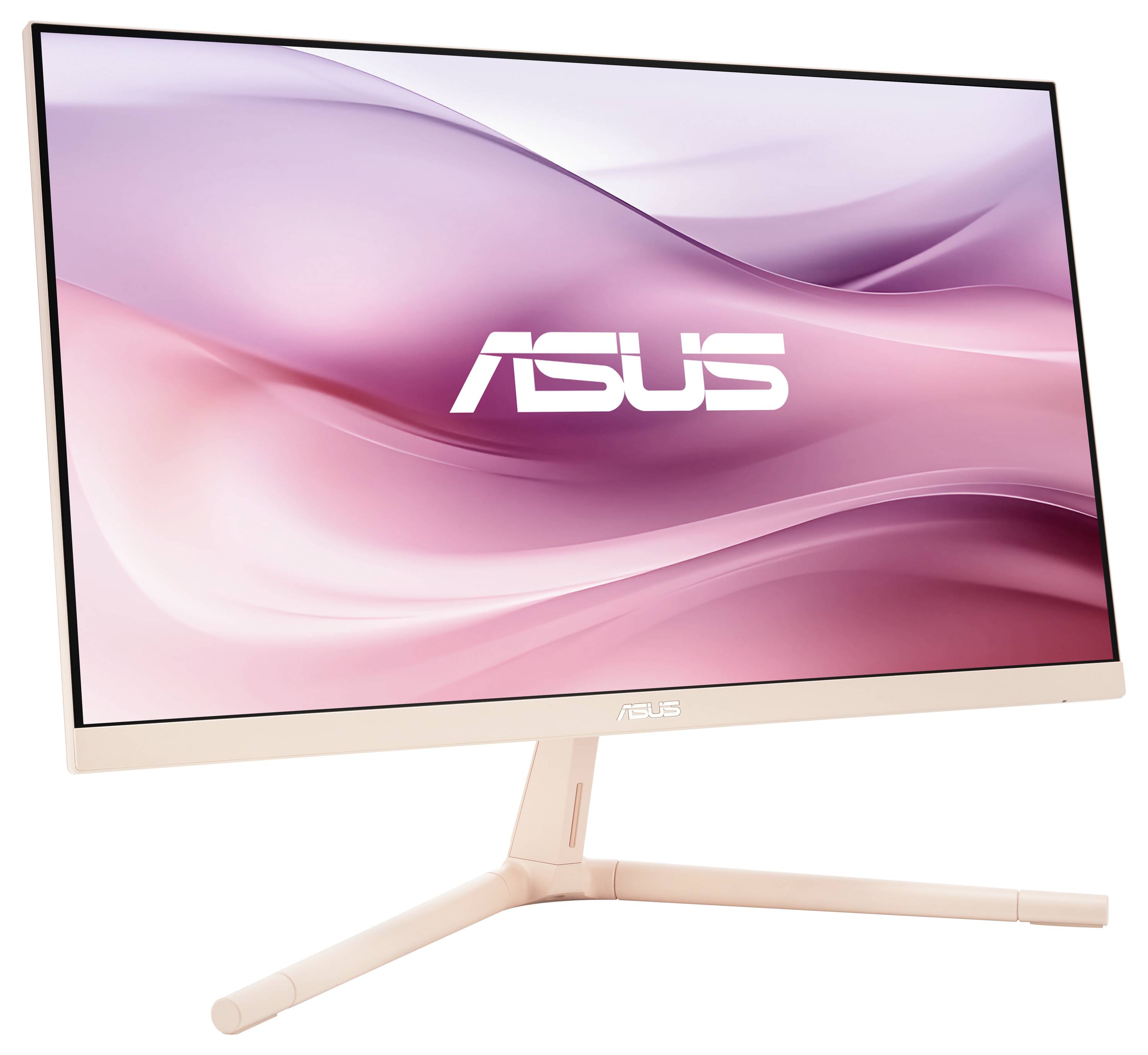 Ein eleganter ASUS Monitor mit rosa Hintergrund, schlankem Rahmen und dreieckigem Standfuß; geeignet für moderne Arbeitsplätze.