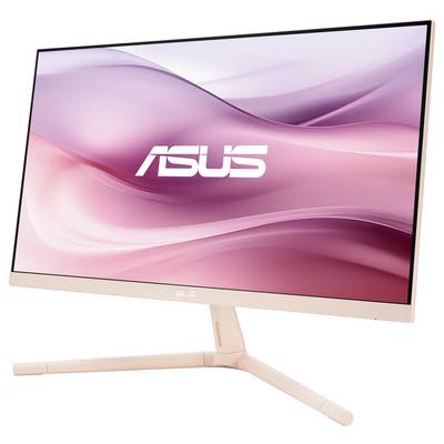 Ein moderner Asus-Monitor mit schmalem Rahmen und elegantem Standfuß, Bildschirm zeigt abstrakte rosa Wellen.