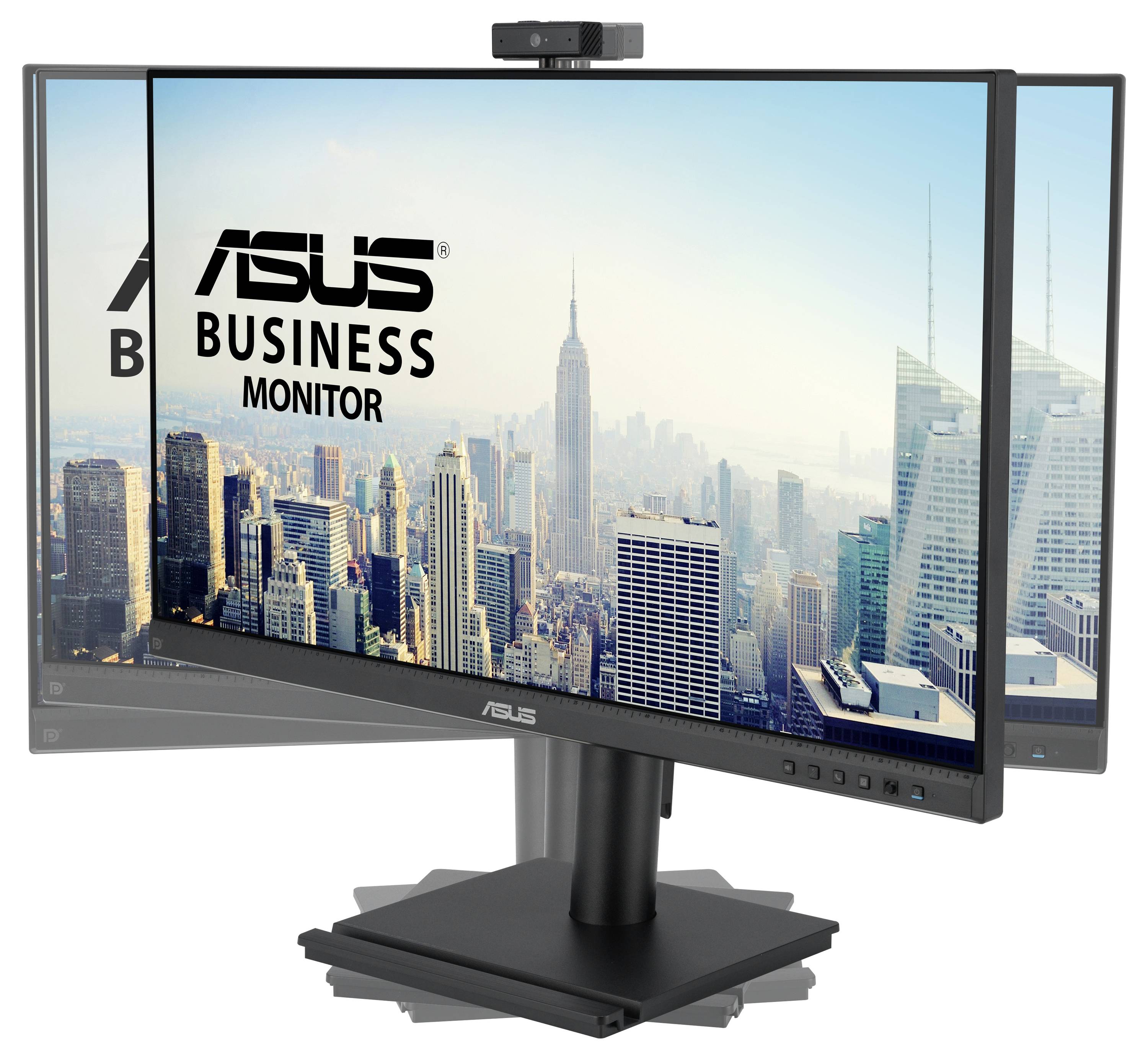 Ein ASUS Business Monitor zeigt eine Skyline einer Stadt mit Wolkenkratzern, darunter das Empire State Building, im Hintergrund.