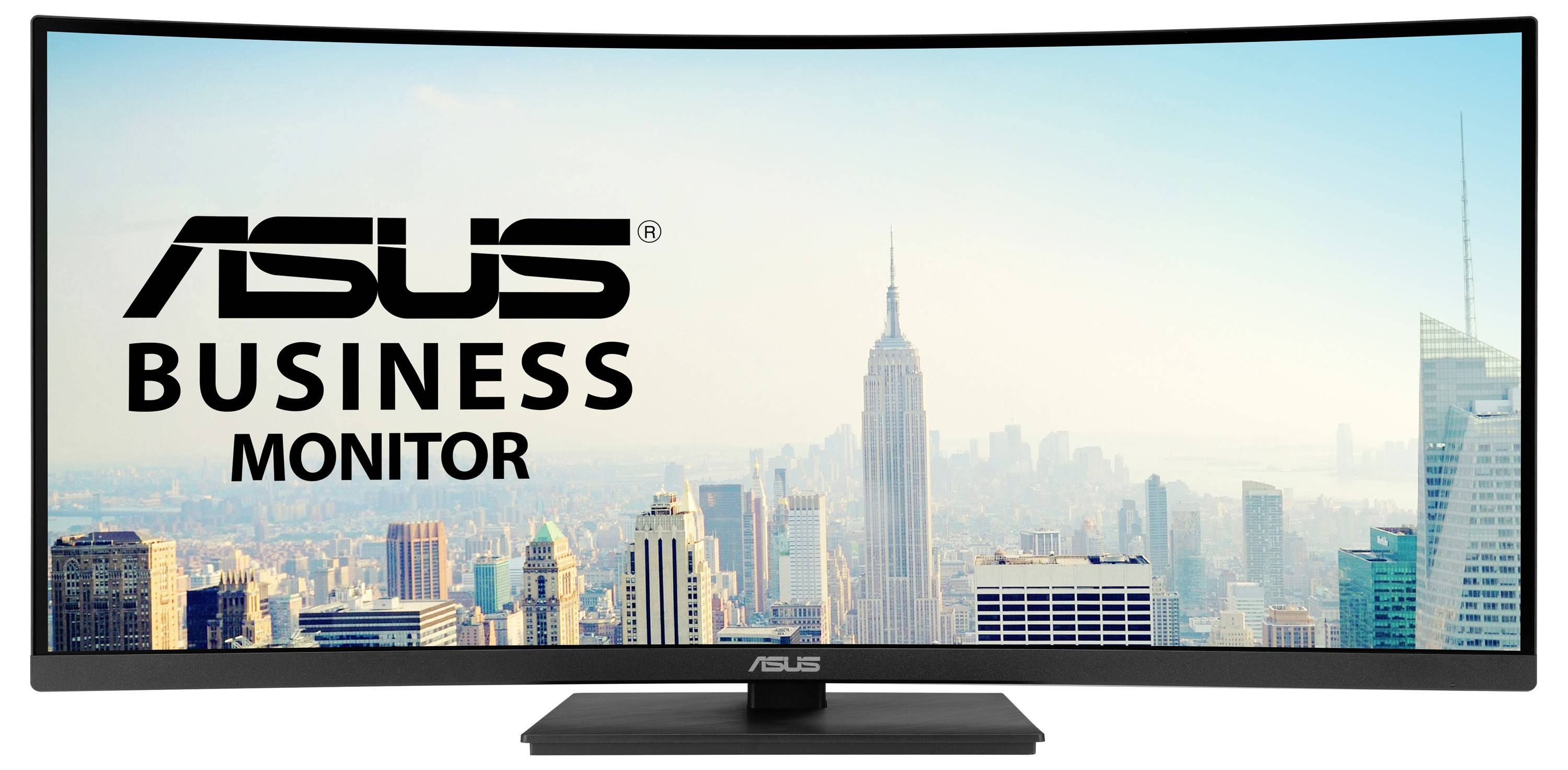 Ein Asus Business Monitor mit einem New York City Panorama im Hintergrund, einschließlich des Empire State Buildings, wird angezeigt.