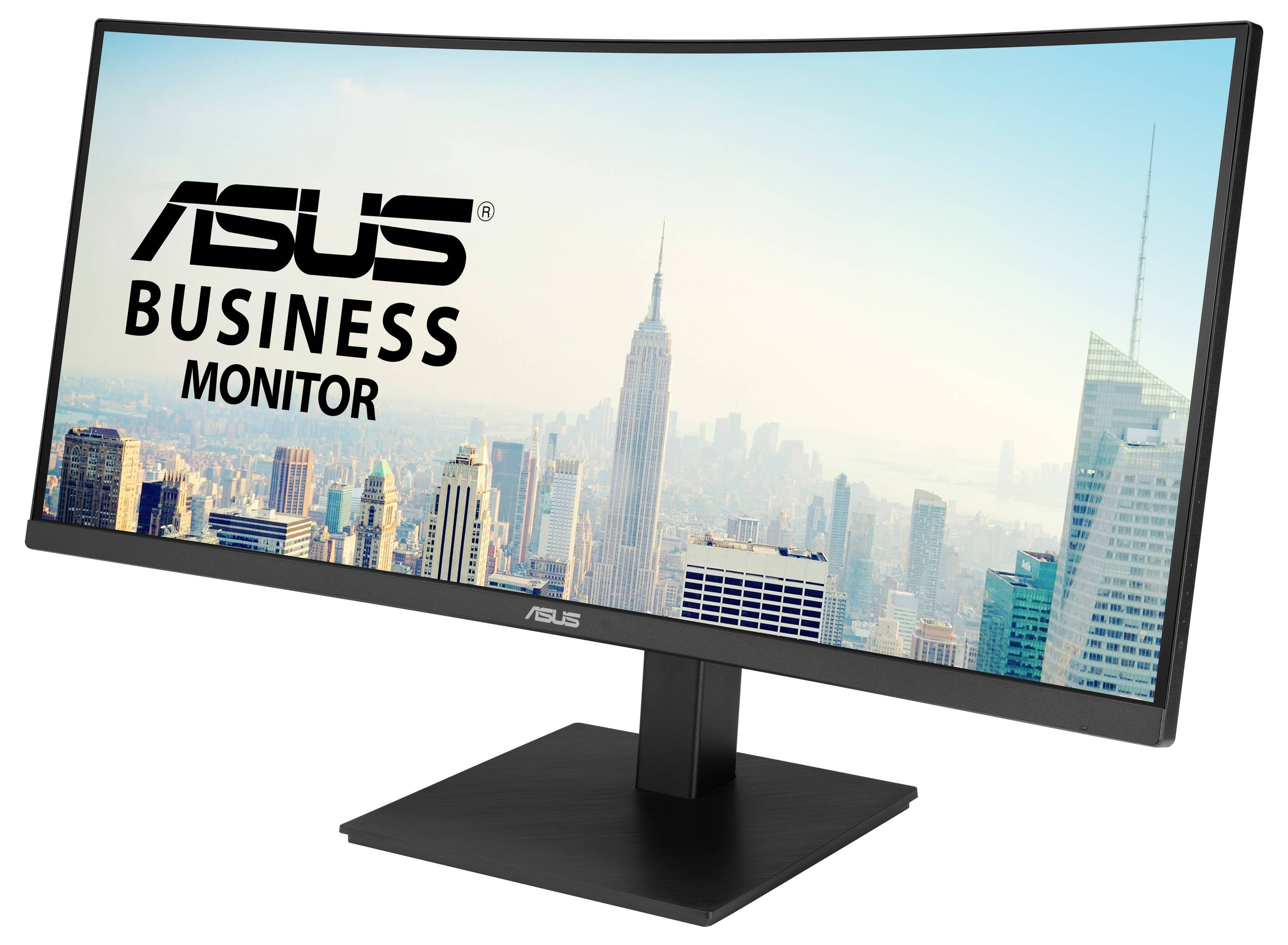 Breiter Asus-Business-Monitor mit New-York-Skyline auf dem Bildschirm und dem Text 'ASUS Business Monitor'.