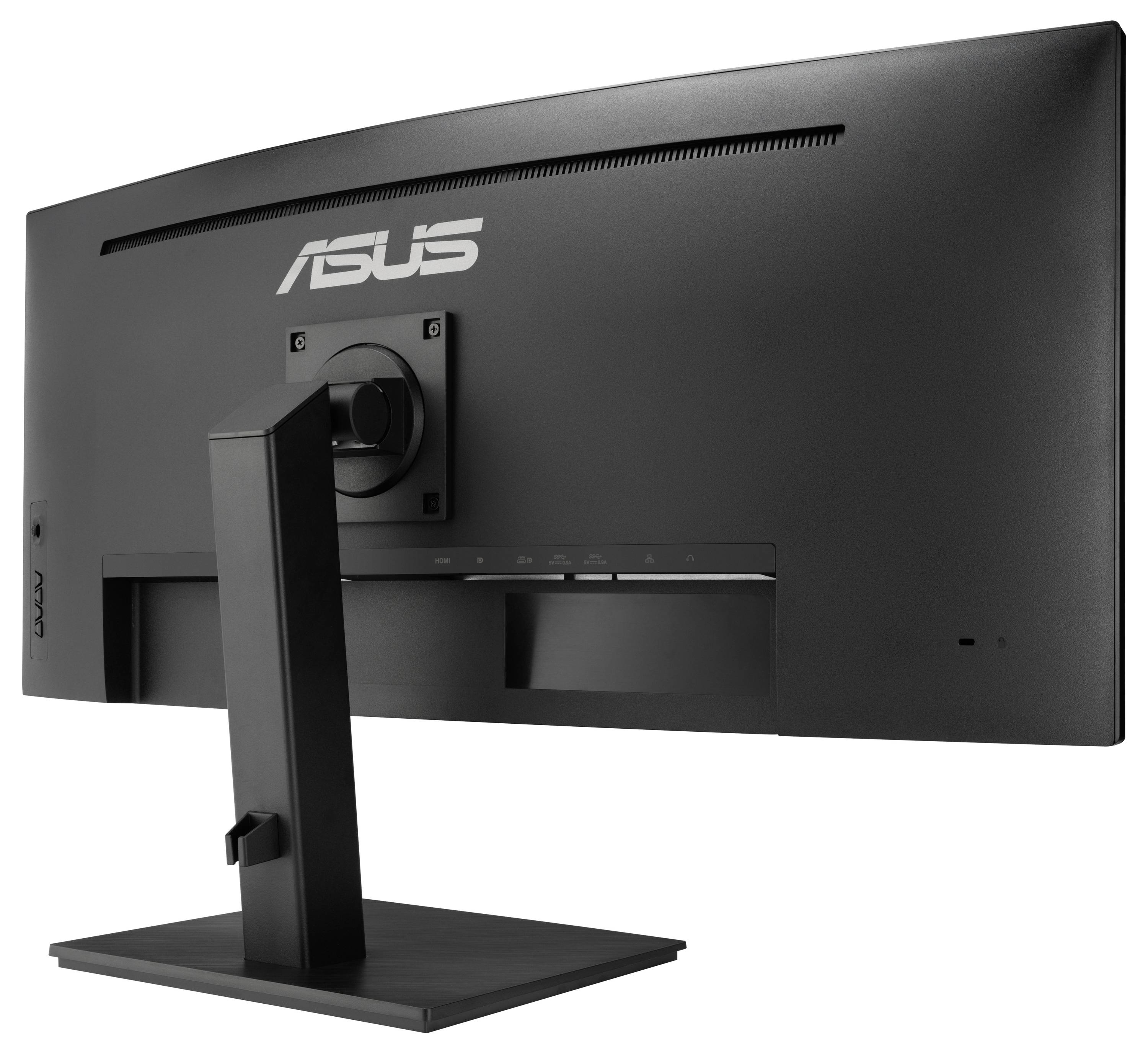 Rückseite eines schwarzen Computer-Monitors mit einem Standfuß. Zeigt den Markennamen im oberen Bereich des Gehäuses.