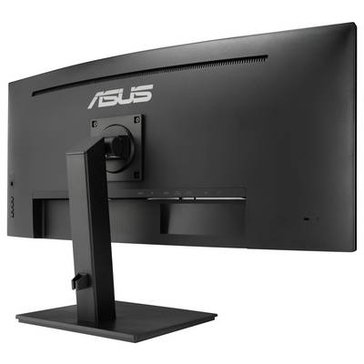 Rückseite eines schwarzen Computer-Monitors mit einem Standfuß. Zeigt den Markennamen im oberen Bereich des Gehäuses.