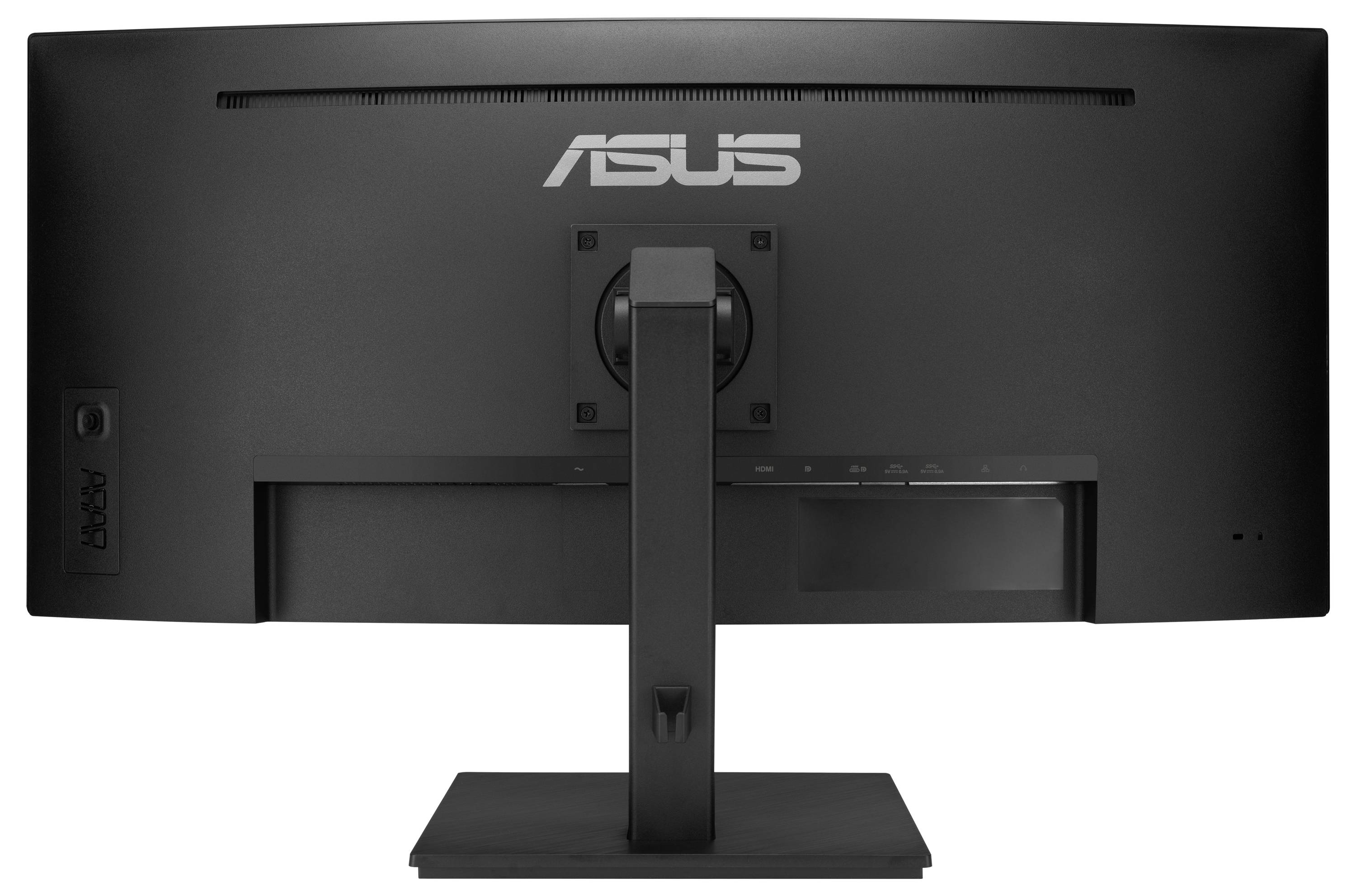 Rückansicht eines schwarzen ASUS-Monitors mit breitem Bildschirm, Standfuß in der Mitte, geeignet für Schreibtische oder Arbeitsplätze.