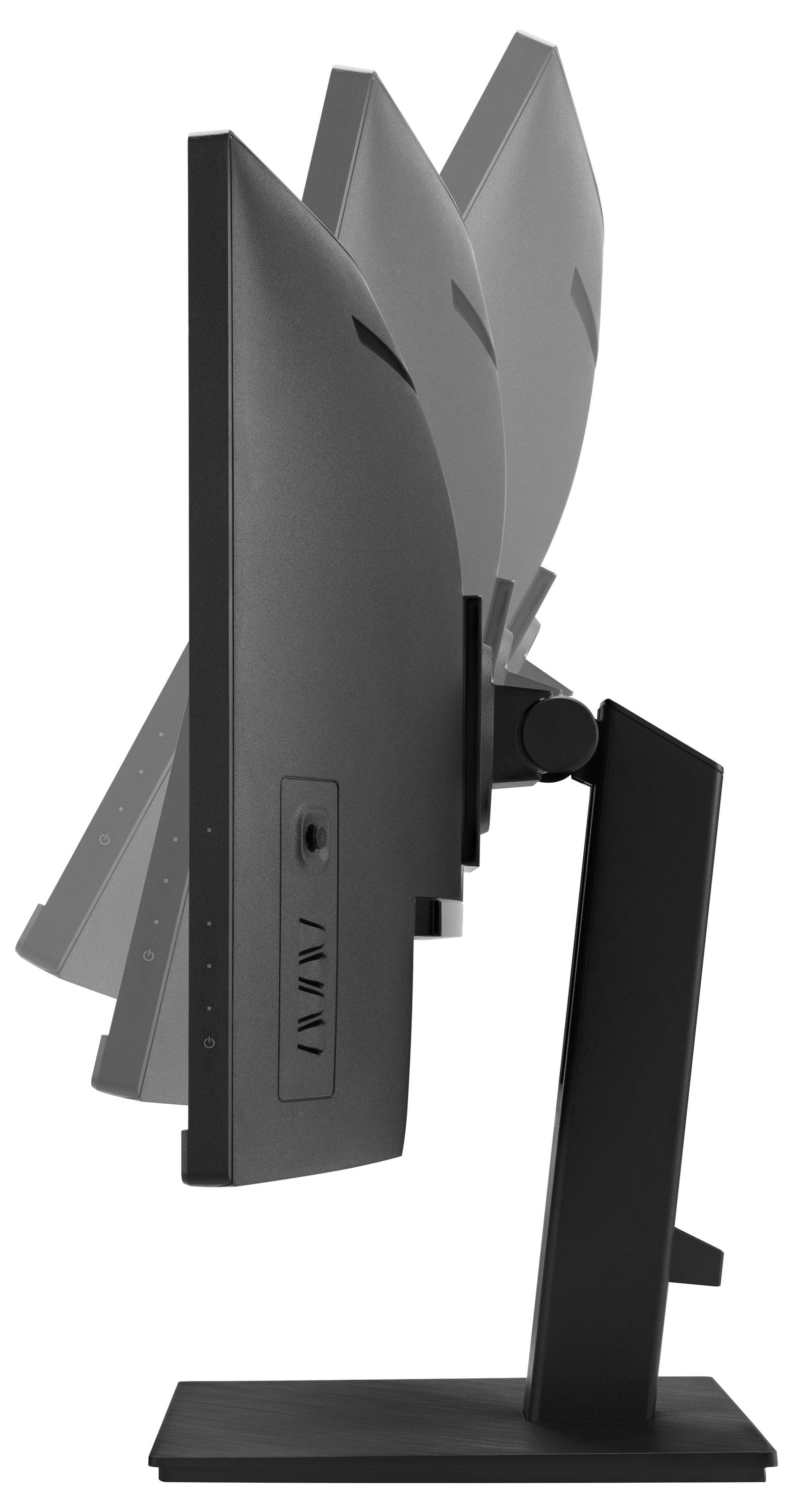 Ein Computermonitor wird von der Seite gezeigt, mit einer verstellbaren Neigungsfunktion, die verschiedene Positionen darstellt.